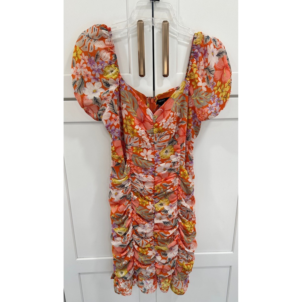 Forever 21 Women Orange Tropical Floral Ruched Puff Sleeve Mini Dress Size M